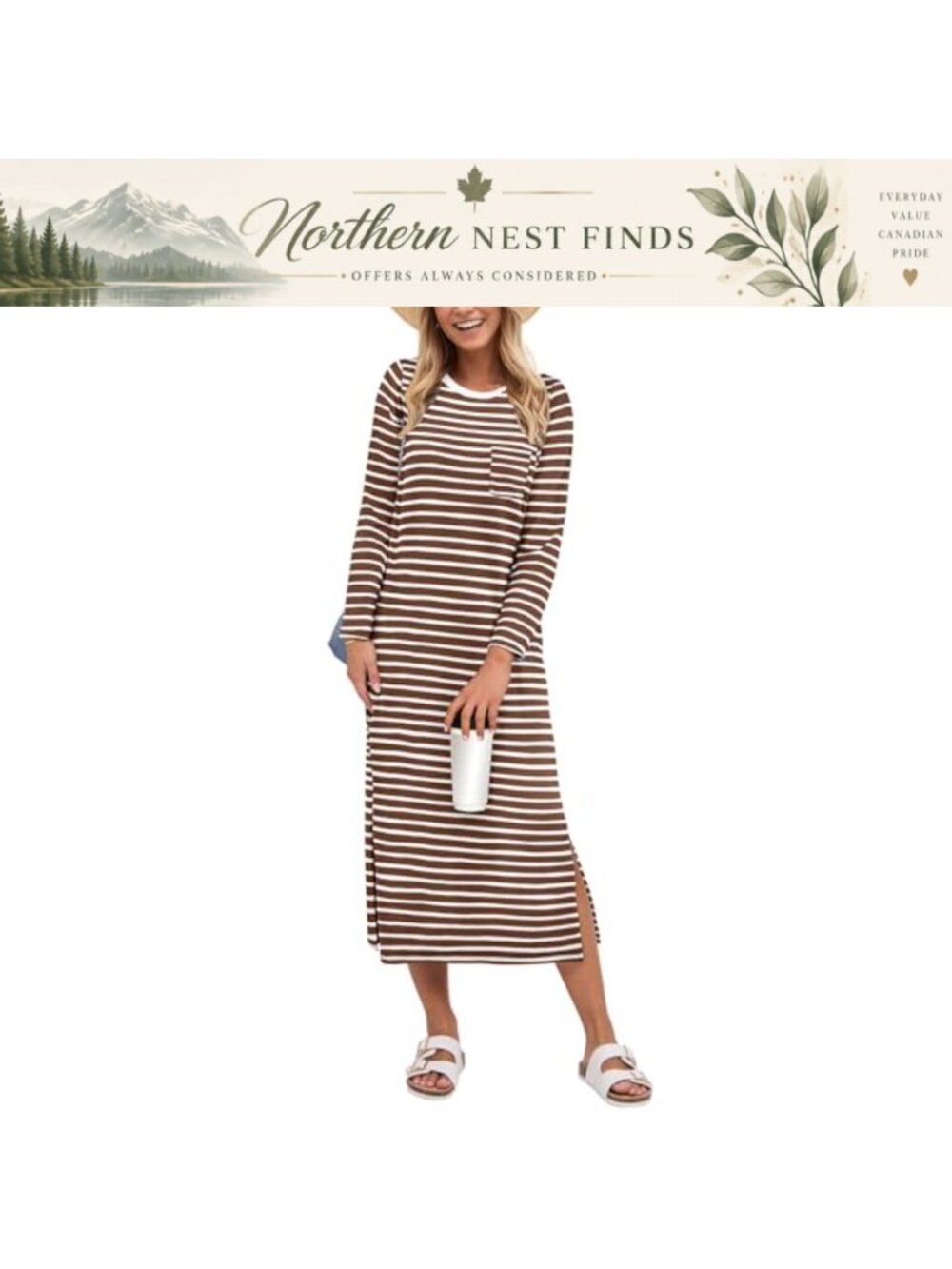 Women's 3/4 Sleeve Striped Slit Midi T Shirt Dress Casual Beach Sundress